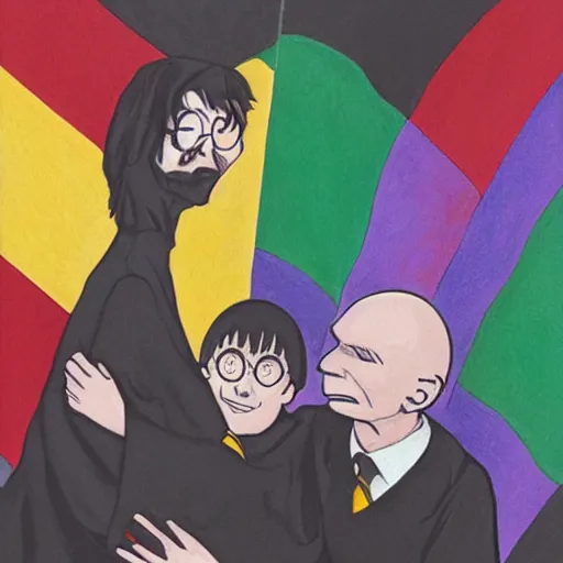 Prompt: harry potter hugging voldemort, pride flag in background, full picture, art by normal rockwell