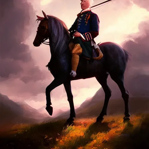 Image similar to portrait of bonnie prince charlie atop his horse, 4 k, concept art, by wlop, ilya kuvshinov, artgerm, krenz cushart, greg rutkowski, pixiv. cinematic dramatic atmosphere, sharp focus, volumetric lighting, cinematic lighting, studio quality