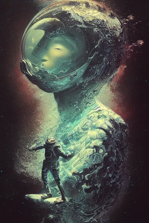 Image similar to close up shot of a full body floating astronaut portrait water elemental fading into water, high contrast, james gurney, peter mohrbacher, mike mignola, black paper, mandelbulb fractal, trending on artstation, exquisite detail perfect, large brush strokes, bold colors, intricate ink illustration, black background