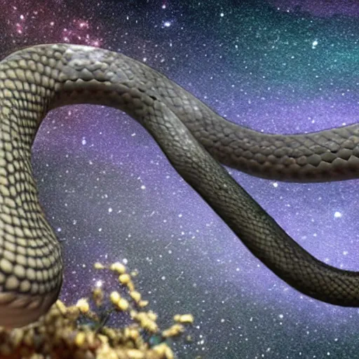 Image similar to a full shot of giant leucistic texas rat snake floating in the milky way sourronded with gemstones, unreal engine 5