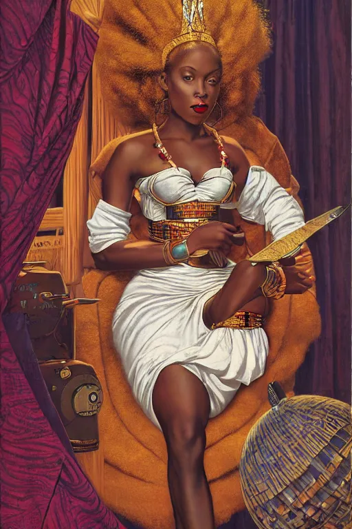 Image similar to an african goddess queen in 2 3 0 0 by gil elvgren and norman rockwell and rob gonsalves and hajime sorayama, hyperrealistic, high detail