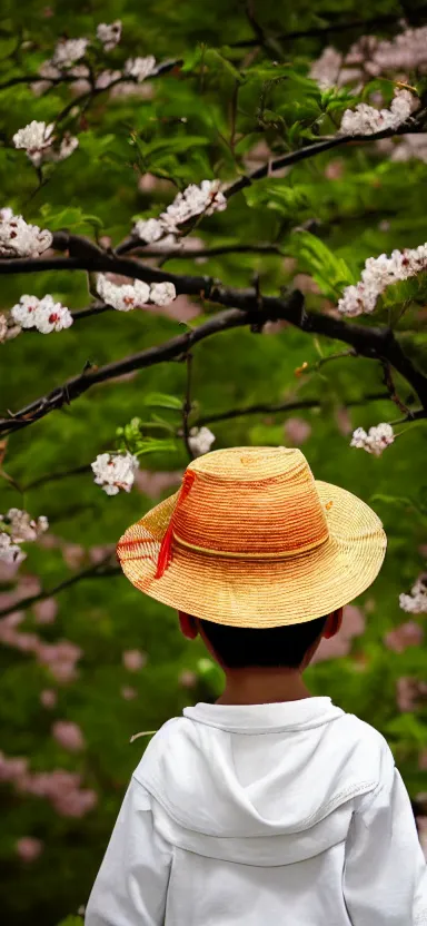 Image similar to “ a portrait of luffy as little kid at a sakura tree, side shot, by shunji dodo, 8 k resolution, photo, high quality ”