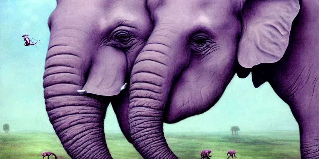 Image similar to a single purple elephant flying in the air like dumbo during a storm, close up of elephant with ground behind, illustration, detailed, smooth, soft, cold, by Adolf Lachman, Shaun Tan, Surrealism