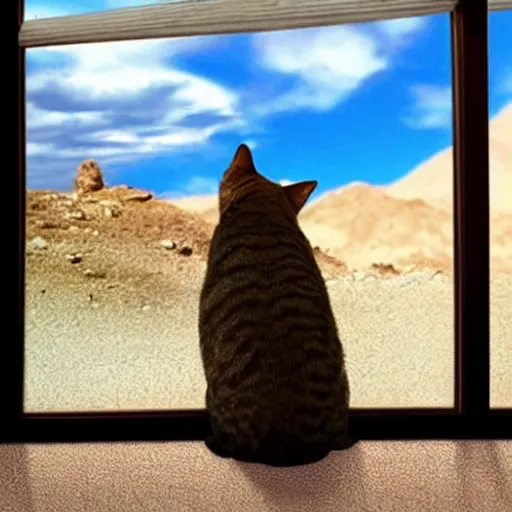 Prompt: photo of a cat watching martian landscape inside a futuristic window