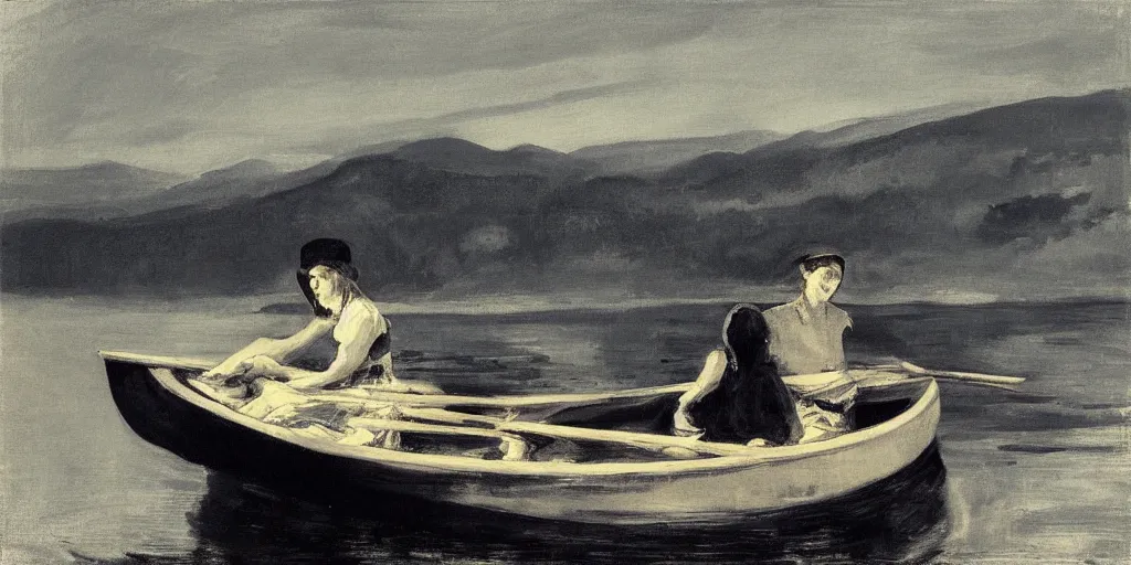 Prompt: “ girl sitting in canoe on the hudson river drinking a bottle of beer, mountains in fog, by george bellows ”