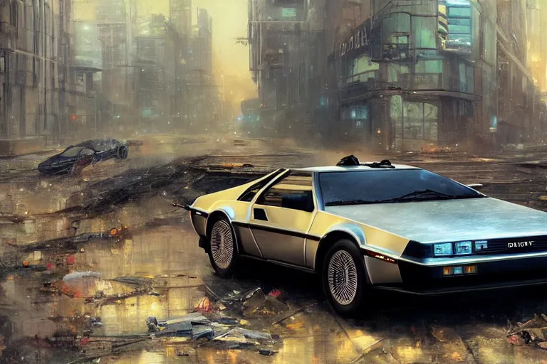 Image similar to photograph of the delorean, with a sleek spoiler, driving down the streets of a cyberpunk abandoned city, by greg rutkowski, by stanley artgerm, by alphonse mucha