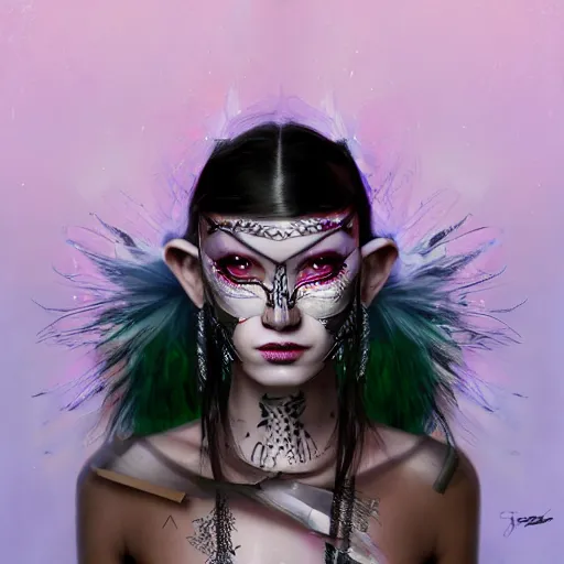 Prompt: A masterpiece portrait of a Incredibly beautiful half slightly damaged crying black swan makeup girl . tribal fashion. 2077 fashion. Cyberpunk. First sparkles. Vogue. trending on artstation, digital art, by Stanley Artgerm Lau, WLOP, Rossdraws, James Jean, Andrei Riabovitchev, Marc Simonetti, Yoshitaka Amano