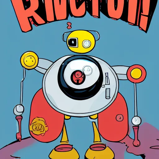 Image similar to A comic book cover for a round cute robot who time travels