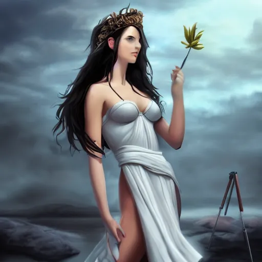 Image similar to Greek goddess posing for painter, sun light, trending on artstation, black hair, white coat