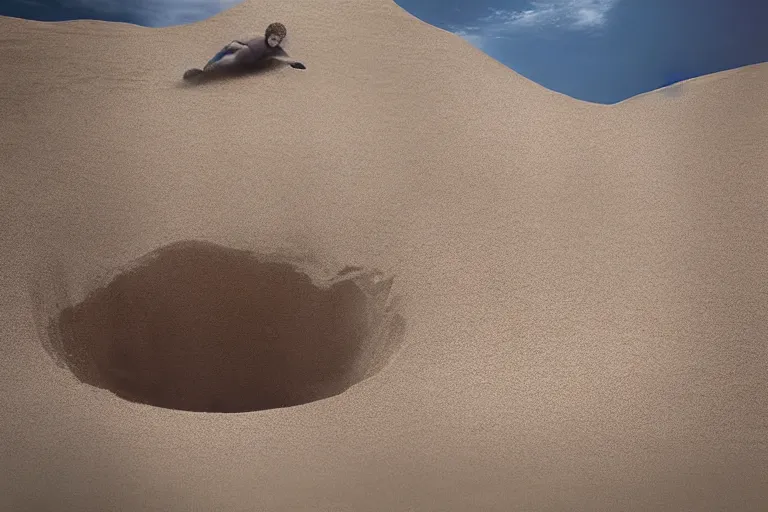 Image similar to “anakin skywalker diving into a pool full of sand, 8k, digital masterpiece, wind blown sand”