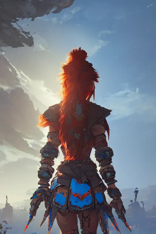 Image similar to combination suit armor aloy horizon forbidden west horizon zero dawn radiating a glowing aura global illumination ray tracing hdr fanart arstation by ian pesty and alena aenami artworks in 4 k tribal robot ninja mask helmet backpack