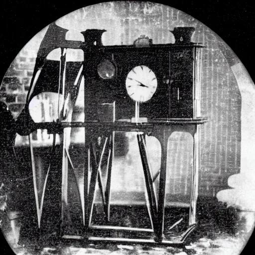 Image similar to edwardian photograph of a time machine, eery, photograph very grainy, slightly blurry, 1900s, 1910s, B&W