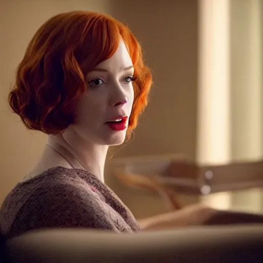 Image similar to amazing beautiful Christina Hendricks with mouth wide open in the living room, film still from the movie directed by Denis Villeneuve , wide lens