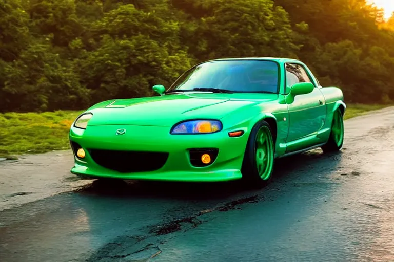 Image similar to A modified green Mazda RX-7 on a wet road, highly detailed, golden hour, atmospheric lighting, dramatic sky, 4k, 8k