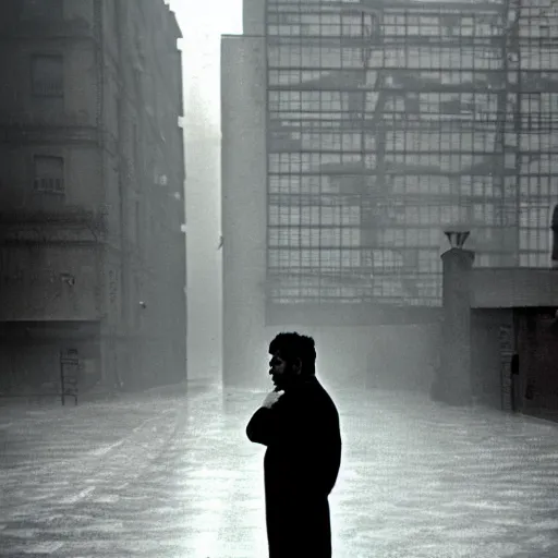 Prompt: Slick photo of Shiv Kumar Batalvi standing outside a building on a day when it rained earlier slightly chilly weather mist in the background photo taken by Saul Leiter and Henri Cartier-Bresson