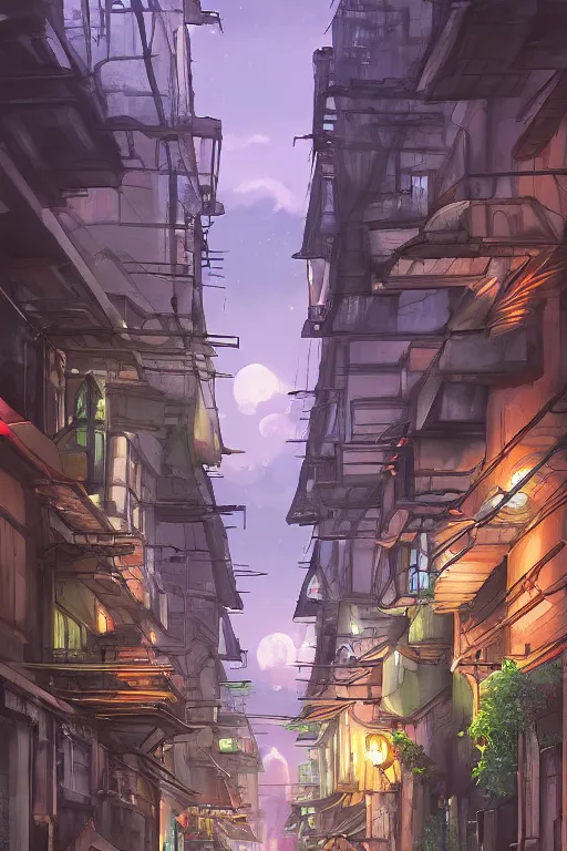 Prompt: backlane alley with kuala lumpur twin towers in the background, evening, highly detailed matte painting, studio ghibli, artstation