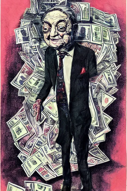 Image similar to George Soros full body shot, dollar bills Body horror, biopunk, by Ralph Steadman, Francis Bacon, Hunter S Thompson