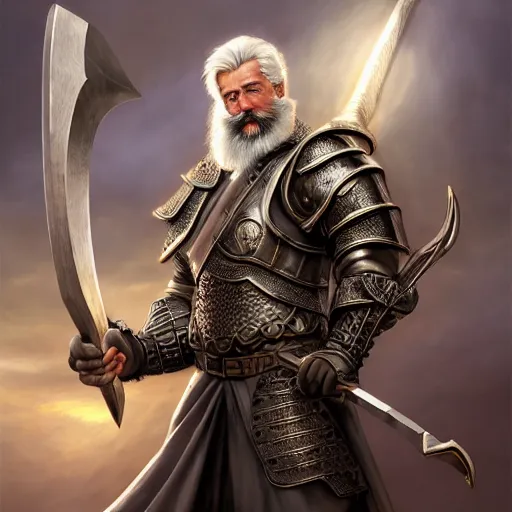 Prompt: a masterpiece ultrarealistic ultradetailed portrait of full armored magic knight strong bearded white haired man with giant axe baroque renaissance. wide angle, intricate, elegant, by stanley artgerm lau, wlop, rossdraws, james jean, andrei riabovitchev, marc simonetti, background by james jean, light by julie bell, porcelain skin. global illumination. vfx