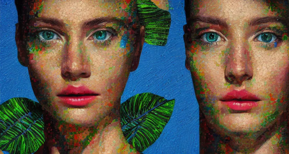 Prompt: hyperrealism oil painting, close-up portrait of android fashion model, tropical pattern mixed with star sky, in style of classicism