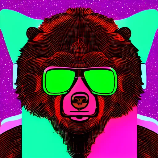 Prompt: fine art photo of a bear wearing sunglasses, black background, neon epic lighting, highly detailed outrun synthwave style