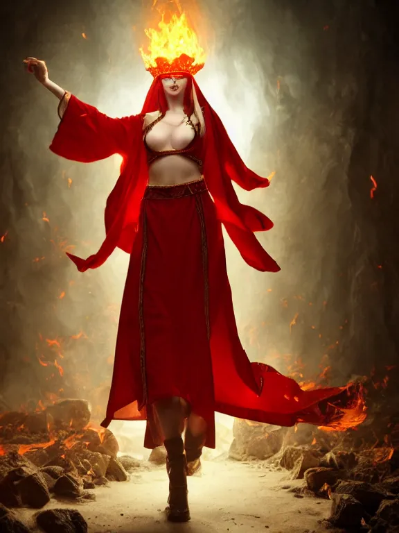 Prompt: fire priestess, black straight hair, white skin, red eyes, red lipstick, red robes, ruby accessories, fireballs, highly detailed, cinematic lighting, studio quality, smooth render, unreal engine 5 rendered, octane rendered, by klimt, nixeu, ian sprigger, wlop, krenz cushart
