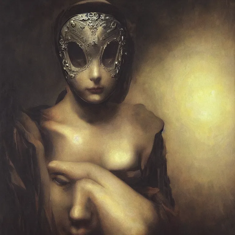 Image similar to The portrait of beautiful woman with closed eyes in steel full-face occult mask and black dress by Ilya Repin, William Blake, Michelangelo da Caravaggio and Beksinski, highly detailed oil painting, trending by artstation, dramatic volumetric lighting, fantasy character, 4k, masterpiece