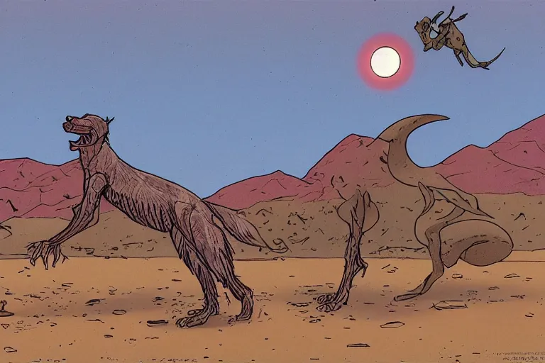 Image similar to monstrous xoloitzcuintli dog in the atacama desert at dusk, hungry and drooling, cracking bones, futuristic comic book by moebius