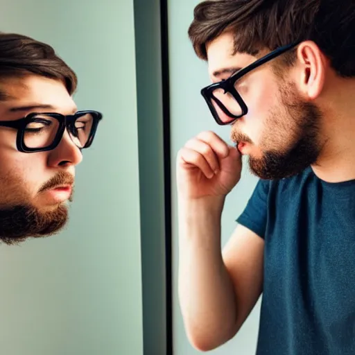 Prompt: sad man with brown hair and glasses looking in the mirror