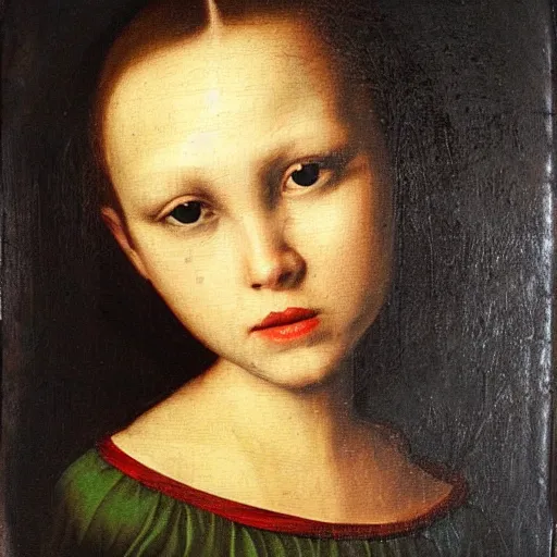 Image similar to Renaissance oil painting portrait of a pretty creepy girl, dark hair