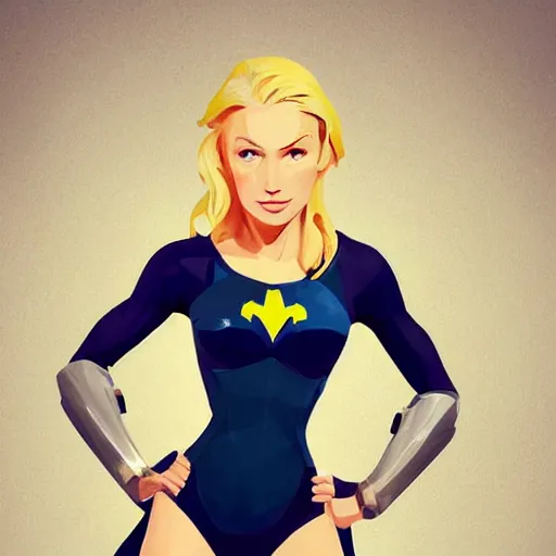 Image similar to a painting beautiful cute superhero woman, blonde hair, matte navy - blue bodysuit with a white cape and white shoulders on sea of thieves game avatar hero smooth face median photoshop filter cutout vector, behance hd by jesper ejsing, by rhads, makoto shinkai and lois van baarle, ilya kuvshinov, rossdraws global illumination