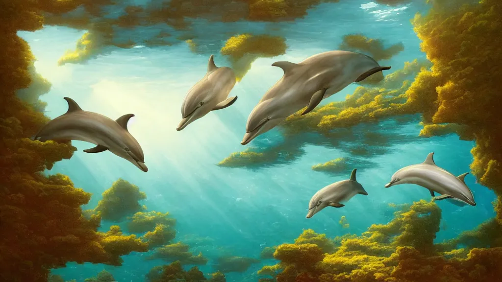 Image similar to dolphins swimming underwater, harmony, peaceful, amazing, by andreas rocha and john howe, and Martin Johnson Heade, featured on artstation, featured on behance, golden ratio, ultrawide angle, f32, well composed