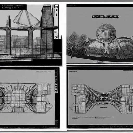 Image similar to blueprints of alternative designs of the atomium in brussels