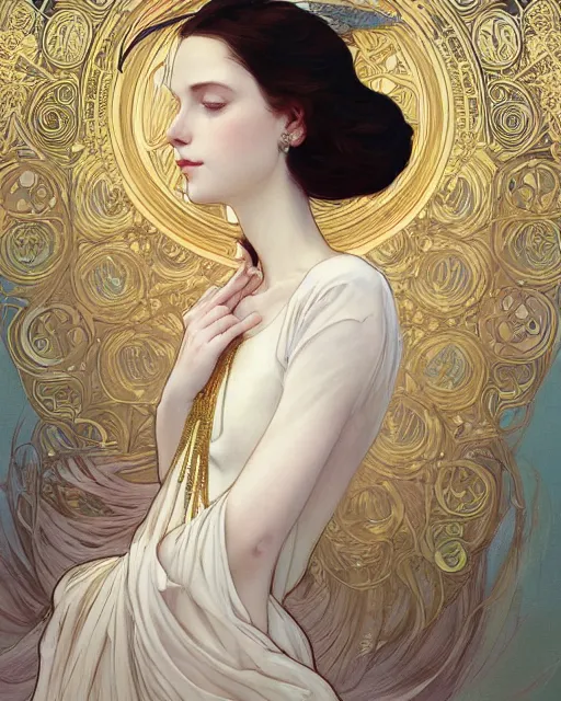 Prompt: portrait of a beautiful ethereal woman with pale hair and gold eyes wearing a flowing white and gold gown surrounded by wing motifs, ilya kuvshinov, greg rutkowski, alphonse mucha, kay nielsen, regal, elegant, detailed, digital painting, concept art