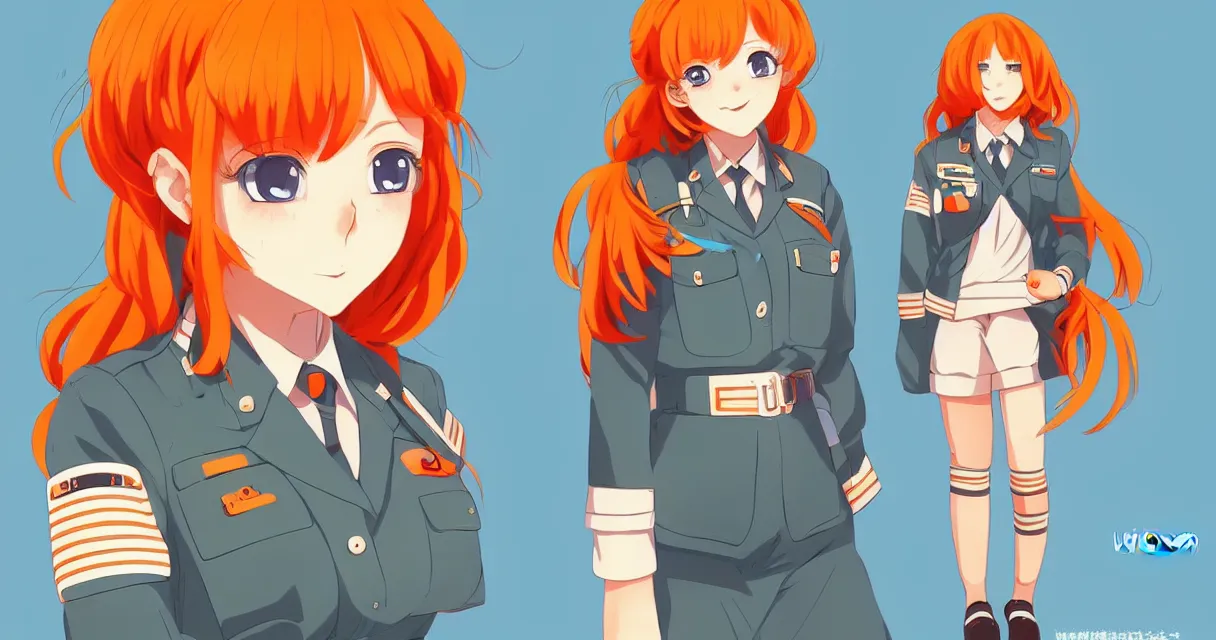 Image similar to very beautiful young anime girl with orange hair, dressed in soviet pioneer uniform, full body, sky blue eyes, full round face, front view, middle, highly detailed, colored manga drawing by wlop popular on artstation