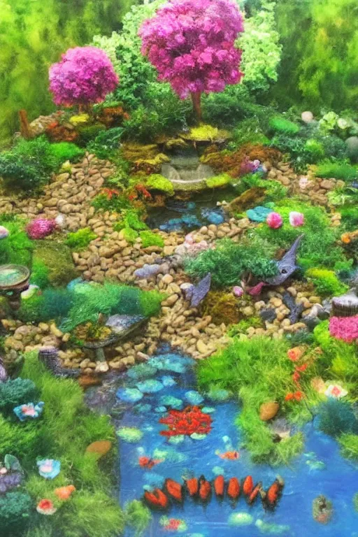 Prompt: oil painted fairy garden with pond and fantasy trees painted by Jasmin Habezal-Feri, trending on artstation