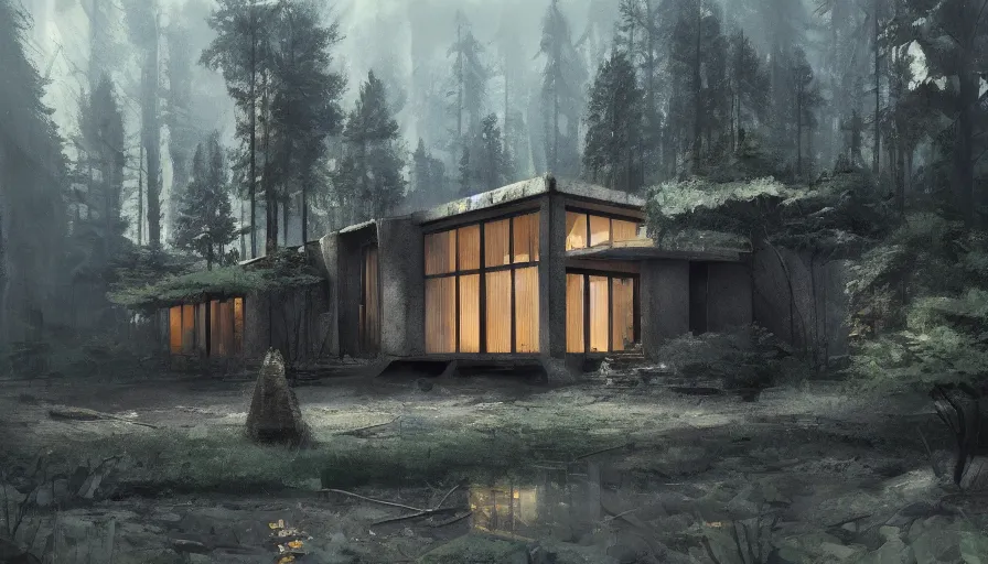 Image similar to brutalist house in the forest, cinematic shot, aaa game concept art oil painting by jama jurabaev, extremely detailed, brush hard, artstation, high quality, brush stroke