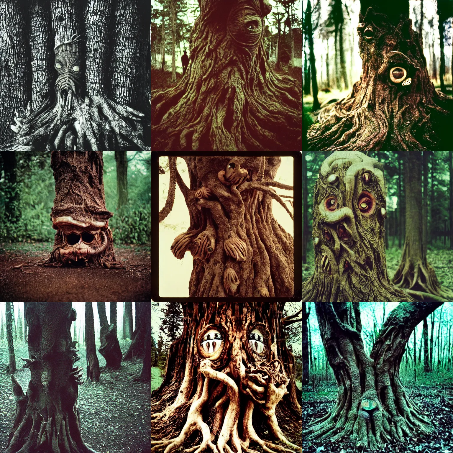 Prompt: close - up of a terrifying tree monster with distorted faces made of bark swallowing mushrooms, critical moment, lovecratftian horror, pans labyrinth, shot on expired instamatic film