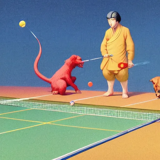 Prompt: a colorful illustration of animals playing badminton, by kawase hasui, Edward Hopper and James Gilleard, Zdzislaw Beksinski, Steven Outram colorful flat surreal design, hd, 8k, artstation