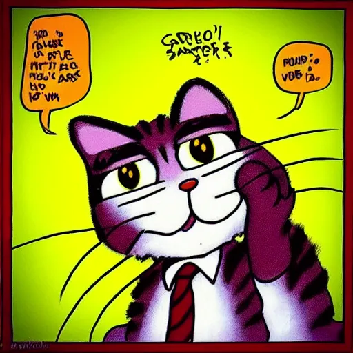 Prompt: “Garfield the cat is in a far side Gary Larson cartoon, comic strip cartoon style, 80s, humorous. ”