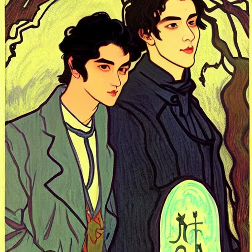 Image similar to painting of young cute handsome beautiful dark medium wavy hair man in his 2 0 s named shadow taehyung and cute handsome beautiful min - jun together at the graveyard party, ghostly, haunted gravestones, ghosts, autumn! colors, elegant, wearing suits!, clothes!, clear, delicate facial features, art by alphonse mucha, vincent van gogh, egon schiele