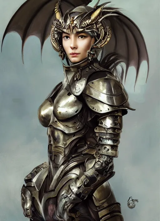 Image similar to a professional painting of a beautiful young female, wearing a metallic dragon-shaped helmet, clothed in battle armor, with mechanical dragon wings, olive skin, long dark hair, beautiful bone structure, symmetrical facial features, intricate, elegant, digital painting, concept art, smooth, sharp focus, illustration, from Metal Gear, by Ruan Jia and Mandy Jurgens and Greg Rutkowski and Artgerm and William-Adolphe Bouguerea