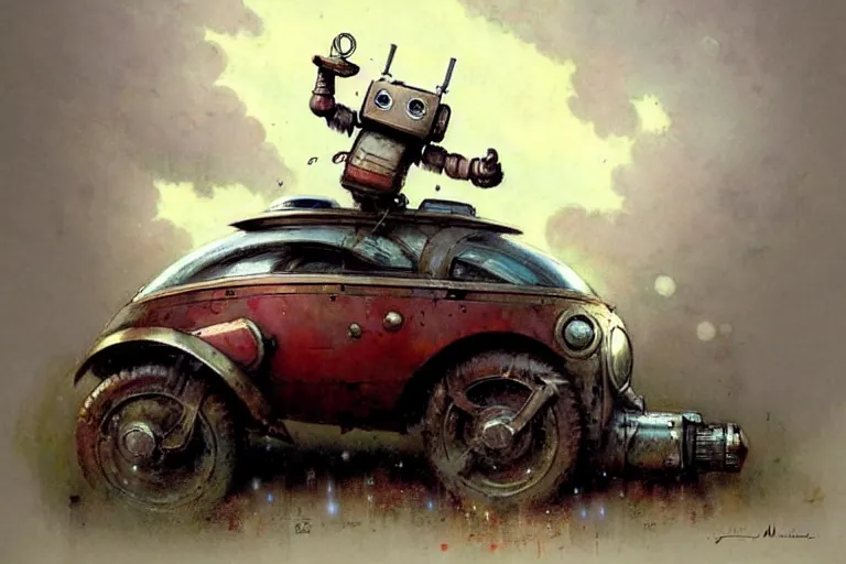 Image similar to adventurer ( ( ( ( ( 1 9 5 0 s retro future robot android robot mouse wagon dramatic moment. muted colors. ) ) ) ) ) by jean baptiste monge!!!!!!!!!!!!!!!!!!!!!!!!! chrome red