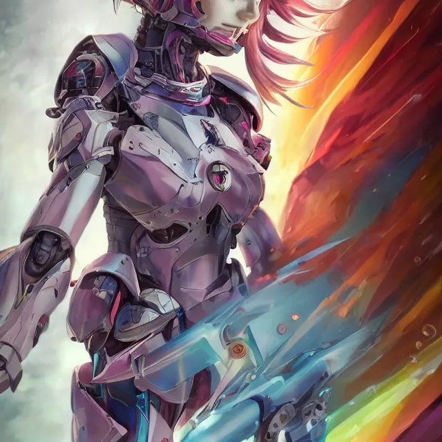 Image similar to studio portrait of lawful good colorful female holy mecha paladin absurdly beautiful, elegant, young cute anime girl, ultrafine hyperrealistic detailed face illustration by kim jung gi, irakli nadar, intricate linework, sharp focus, bright colors, matte, octopath traveler, final fantasy, unreal engine highly rendered, global illumination, radiant light, intricate environment