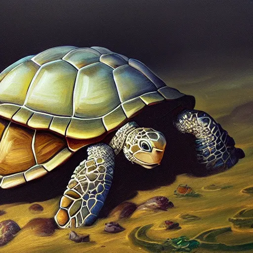 Prompt: Realm carried on a shell of a turtle, fantasy, oil painting, extra detailed