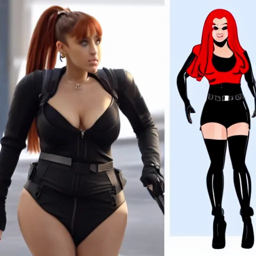 Image similar to 250-pound Ariana Grande as Black Widow from The Avengers with her big belly hanging over her waistband