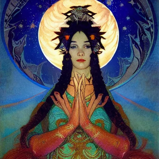 Image similar to queen of the moon with stars in her hair, by nicholas roerich and annie swynnerton and donato giancola and dulac, dramatic lighting, god rays, geometric tattoos, rich colors, smooth sharp focus, extremely detailed, leo and diane dillon, adolf wolfli