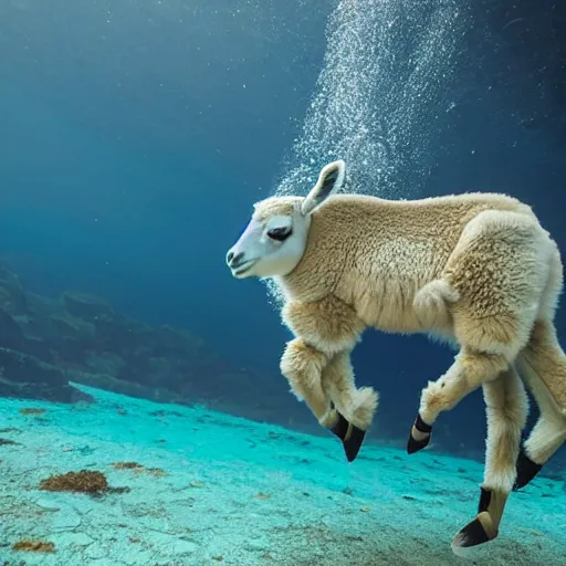 Image similar to an alpaka under water dives through a coral reef, 8k photography