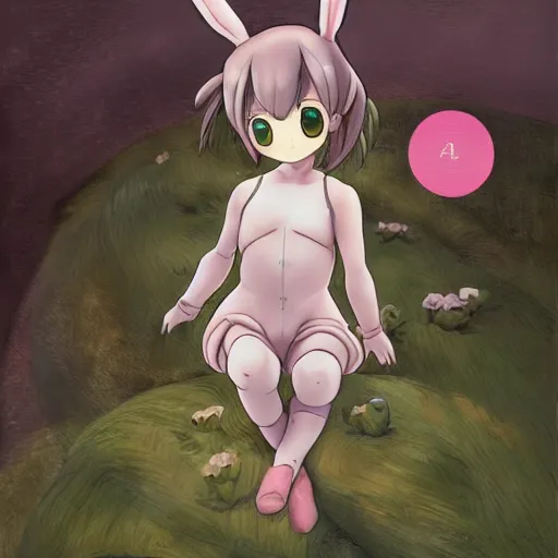 Image similar to little girl, bunny suit, artwork in made in abyss art style, inspired in balthus, clean details, baby color palette, candy, anatomically proportional, hd