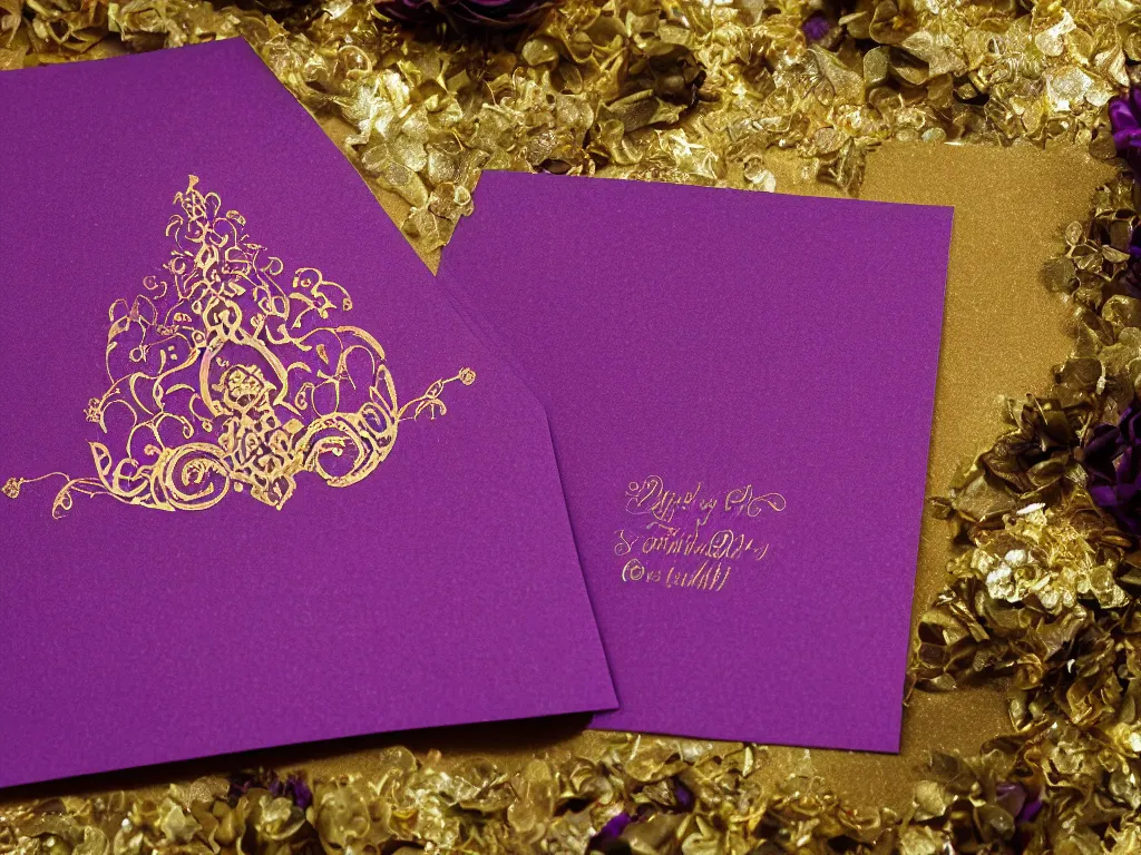 Image similar to Rich purple paper with delicate gold embossed borders, a card that is an invitation to a masquerade ball, intricate, beautiful, opulent