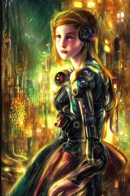 Image similar to beautiful digital oil whimsical cyberpunk style of a girl by Arthur Hughes